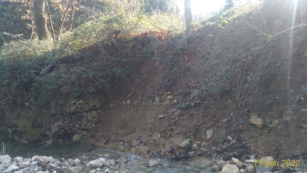  - Sponda del T. Rio in erosione sottostante alla strada vicinale, con vista della difesa spondale in gabbioni divelta.